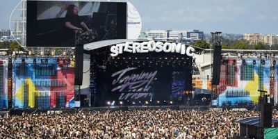 Large crowd standing infant of a stage at the stereosonic festival