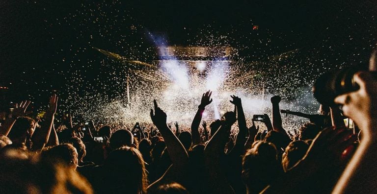 Image of a live gig at night, showing the sort of crowd that shows up at festivals