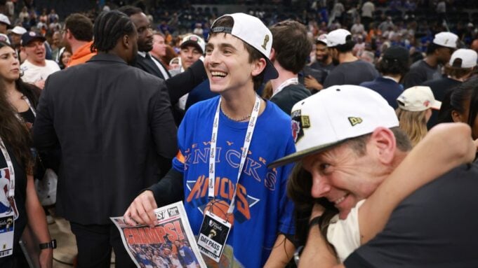 Timothee Chalamet celebrates after Knicks win