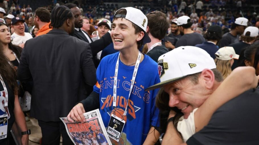 Timothee Chalamet celebrates after Knicks win