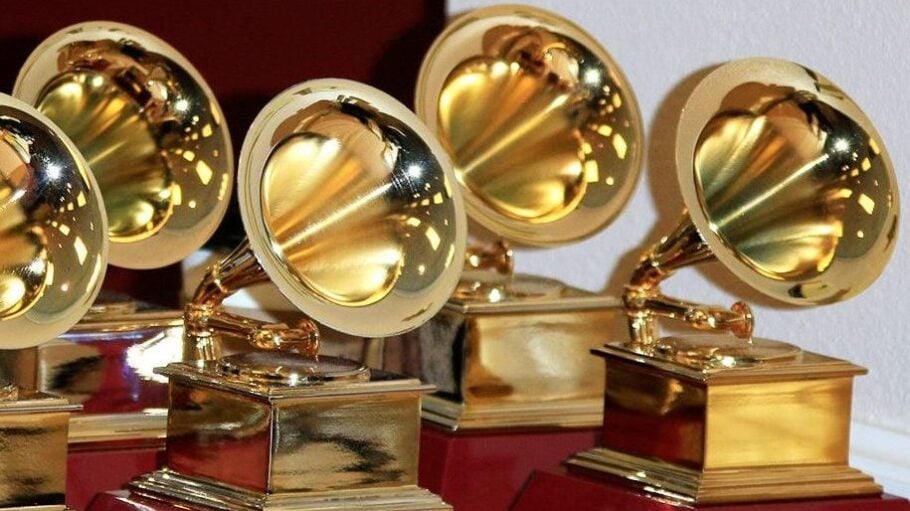 Grammy trophies on table