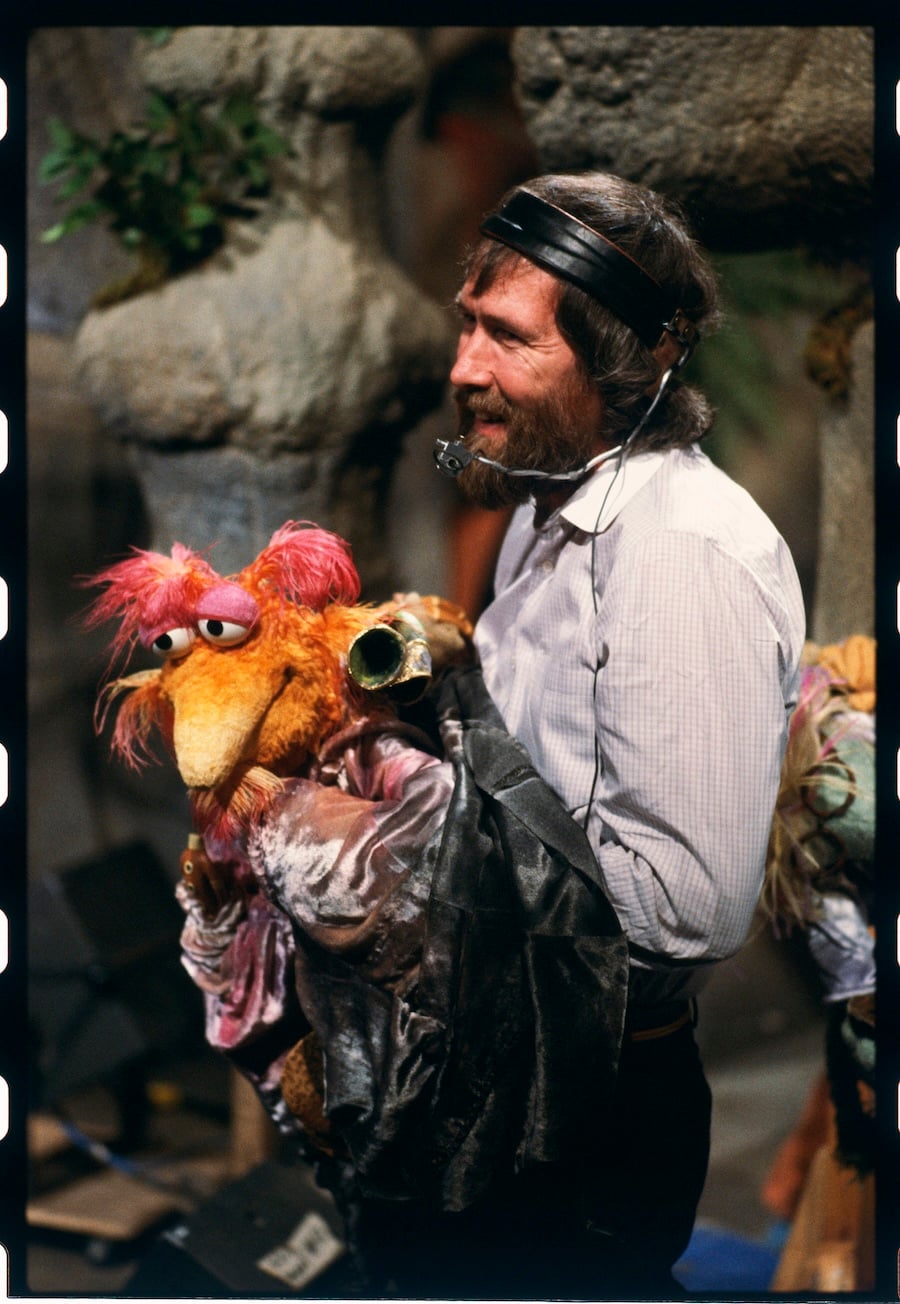 Fraggle Rock behind the scenes, on set. Jim Henson with Cantus the Minstrel.